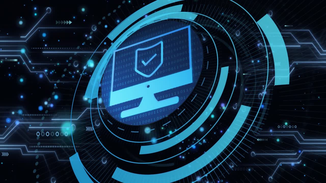 데이터 처리 및 보안 방패를 가진 디지털 아이콘을 가진 컴퓨터 회로 보드의 애니메이션