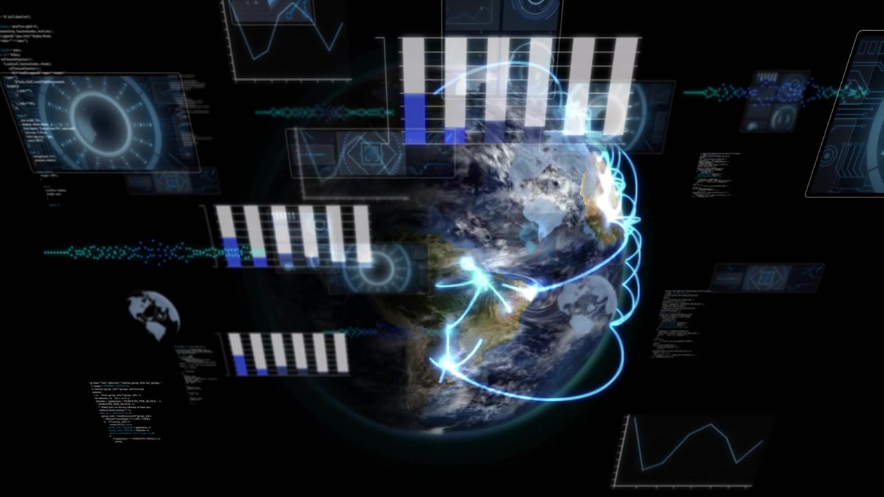 On scene Earth globe rotating while HUD panels sliding in, arcs linking nodes, visualizing network