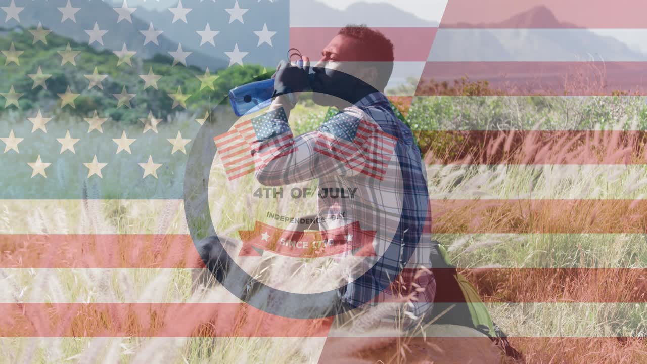 animación de la bandera de los estados unidos de américa y el cuarto de julio texto sobre el hombre bebiendo agua
