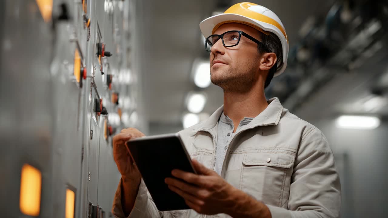 A focused technician wearing a hard hat and glasses stands in front of a control panel, examining data on a tablet while engaged in monitoring operations in a modern facility