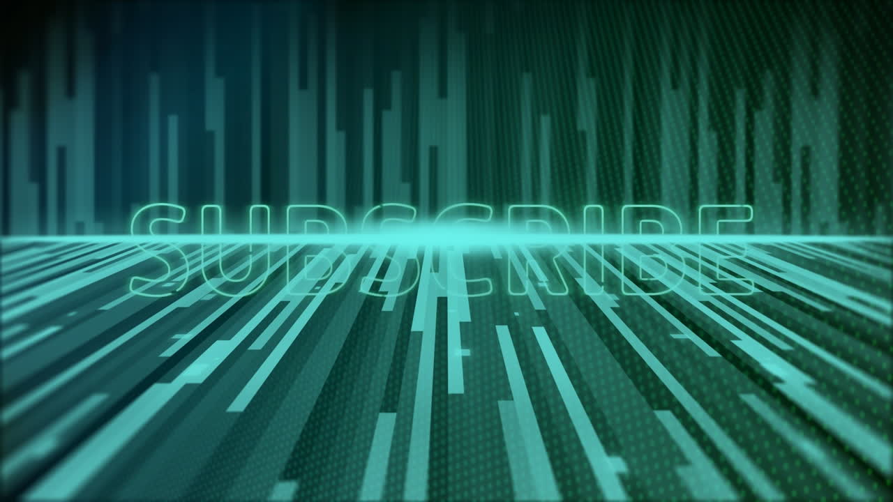 Animation of subscribe text over abstract line patterned background on digital interface
