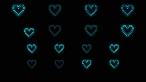 Pulsing-neon-blue-hearts-pattern-in-rows