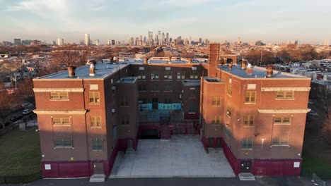 aerial of urban city public school in america