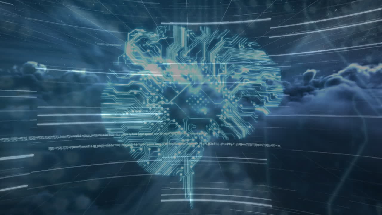 Animation of digital brain over clouds on black background