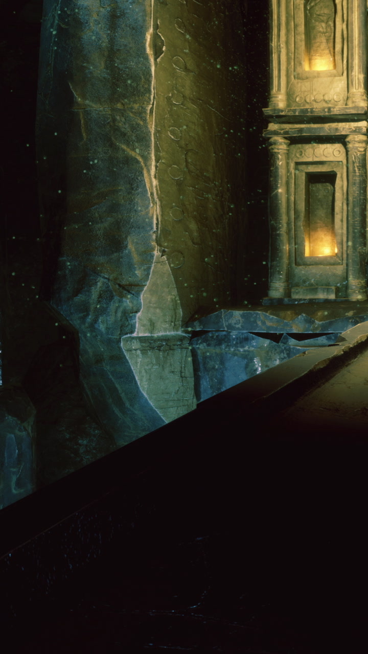 Exploring a dark cave with glowing lights in a secluded location at night