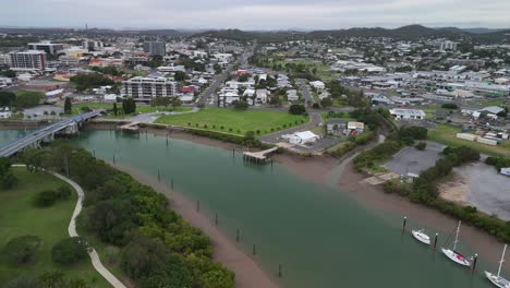 flyover low tide canal toward port park in gladstone, qld australia