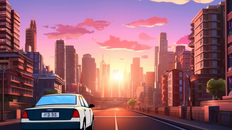 A cinematic, low-angle video scene of a vibrant cityscape at sunset, with cars on the road