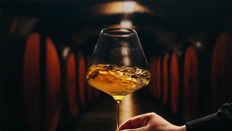 orange or white wine bottle and glass against a sunset in a peaceful vineyard, pouring of ecological natural wine.