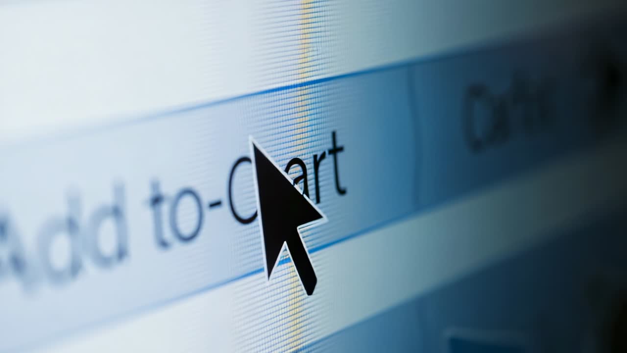 Moving large black arrow cursor over Add to Cart button-row on monitor, showing blue pixel scanline