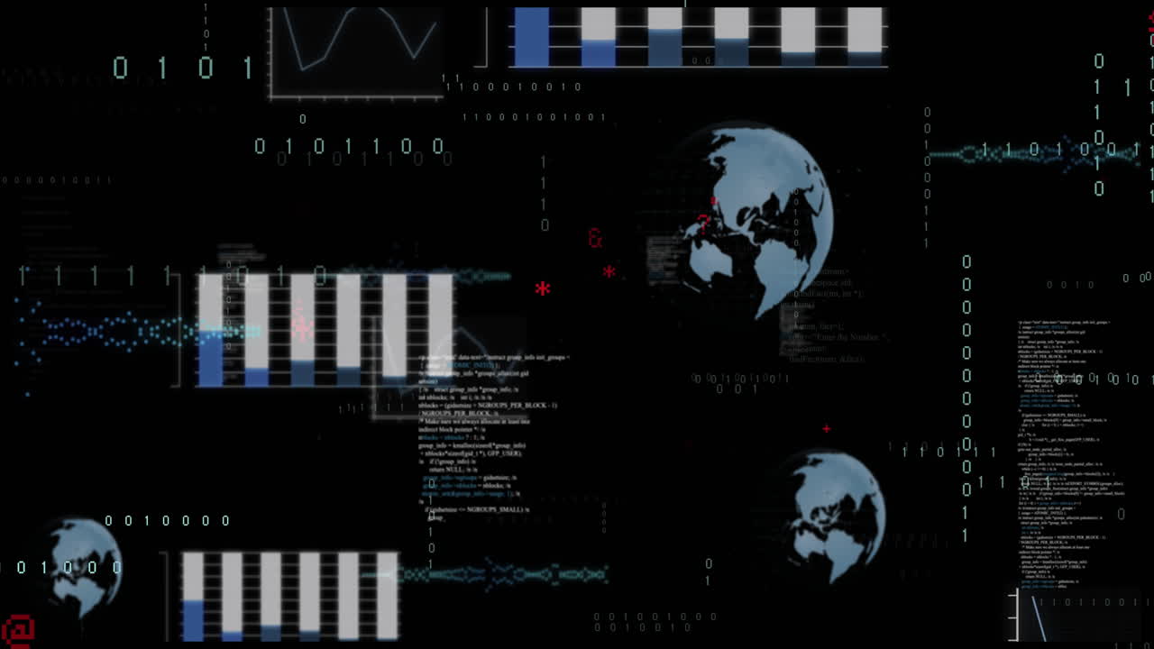 Digital data charts and world maps animation over black background