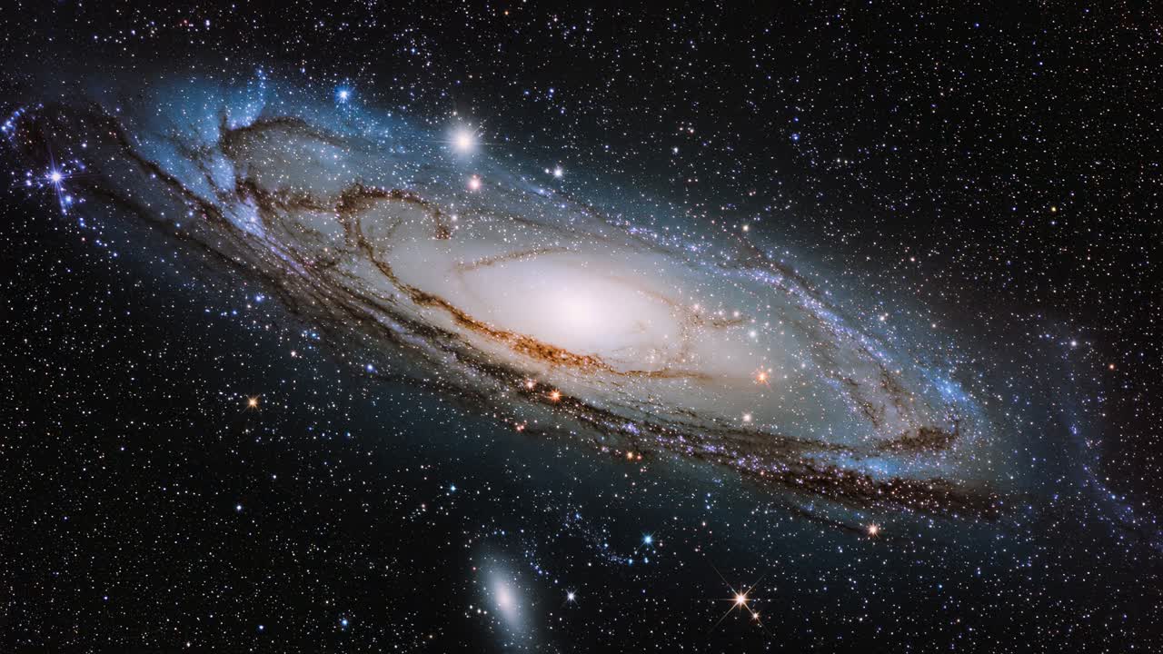 Majestætisk spiralgalakse, der gløder i det dybe rum, med en lys kerne, støvstriber og utallige stjerner spredt ud over den mørke kosmiske baggrund