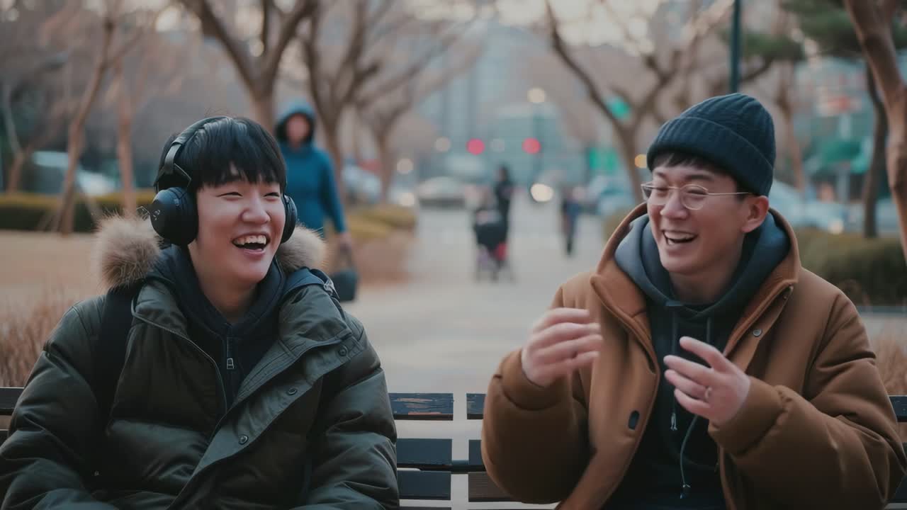 Two friends in winter clothing sit on a park bench, chatting and laughing