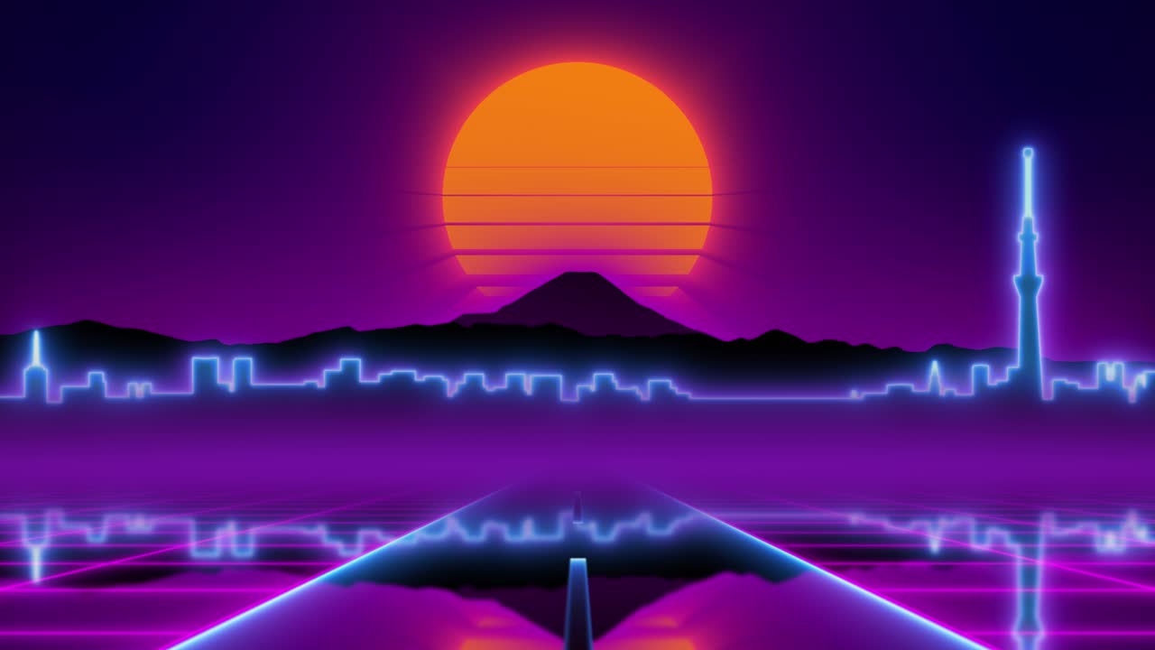Retrowave Neon Cityscape with Glowing Sun and Grid Road