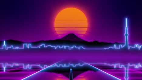 retrowave neon cityscape with glowing sun and grid road