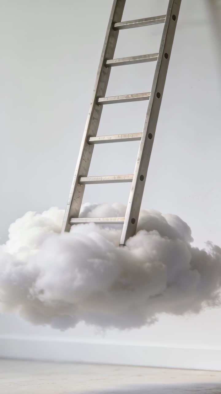 Video verticale: Una scala metallica scende dall'alto entrando in una nuvola su un pavimento chiaro, con l'obiettivo di creare immersione.