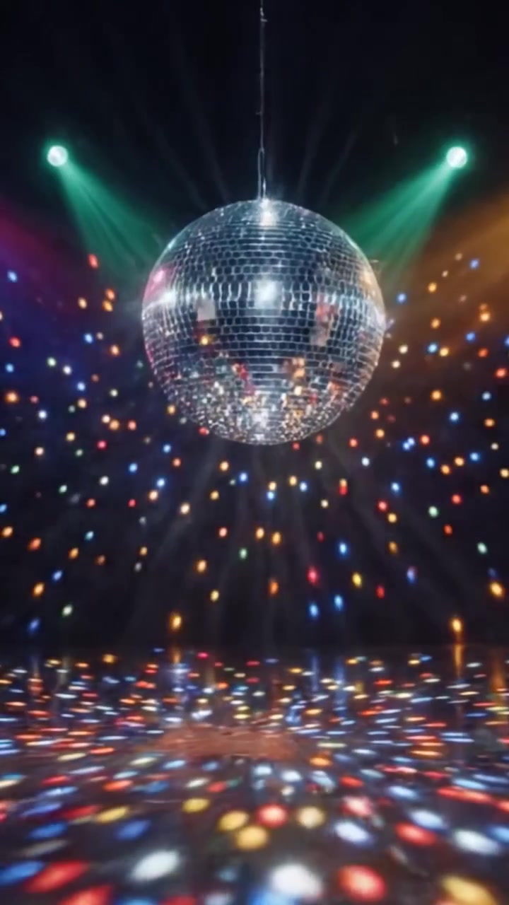 Una affascinante palla da discoteca ruota con grazia sotto luci vibranti, creando un'atmosfera abbagliante piena di riflessi multicolori, perfetta per qualsiasi celebrazione festiva o festa da ballo.