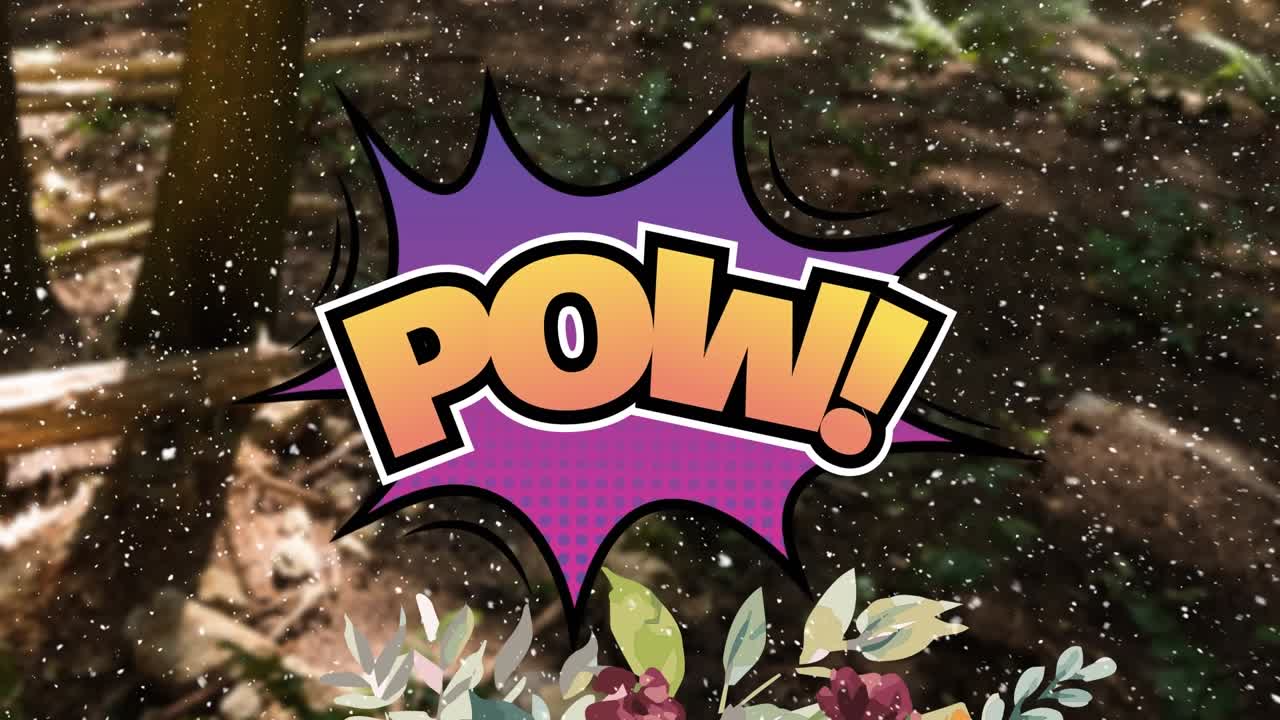 Animazione del testo "pow" e neve che cade su un paesaggio
