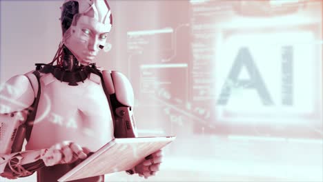 toma de cgi giratoria de alta calidad de un robot humanoide usando una tableta de estilo ipad con ecuaciones matemáticas y datos de desplazamiento en el aire a su alrededor, en esquema de color rojo caliente