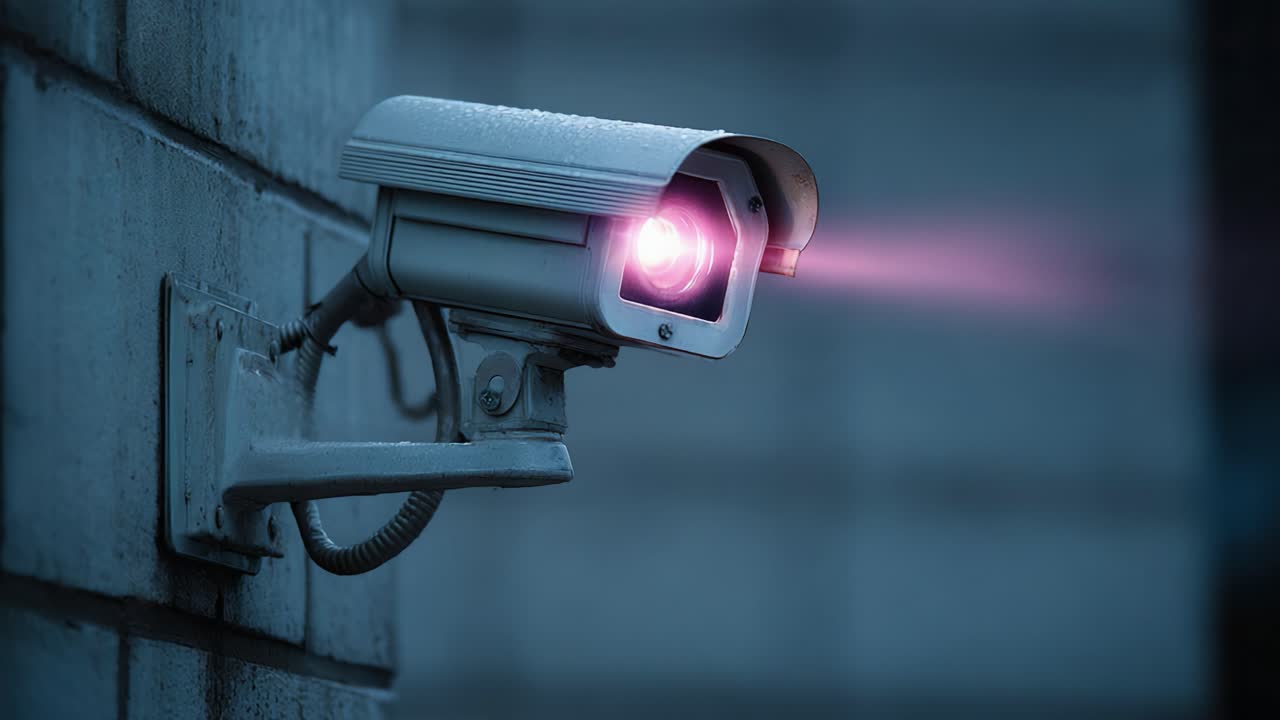 Surveillance Camera Emitting Light in a Dimly Lit Setting, Representing Modern Security Systems and Vigilance in Urban Environments and Public Spaces