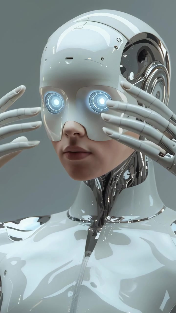 Video verticale: Afferrando una maschera, guscio di androide femminile che preme e solleva in un set grigio, alimentando gli occhi illuminati