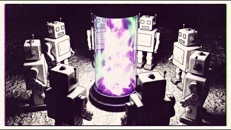 Group of Retro Robots Observing Glowing Energy Core