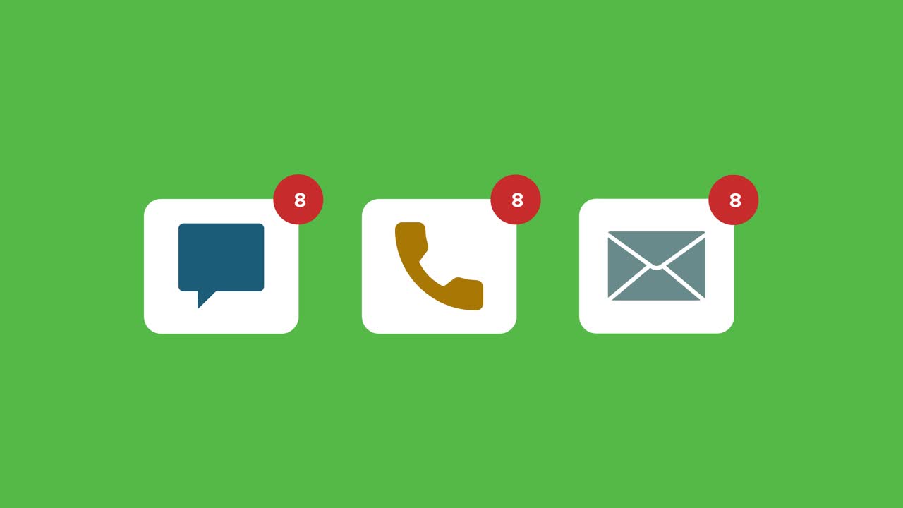 notificaciones de texto, sms, mensajes, correo electrónico, correo y teléfono que crecen en el teléfono que representan notificaciones telefónicas y perturbaciones frecuentes o distracción digital en el fondo verde, animación de 4k