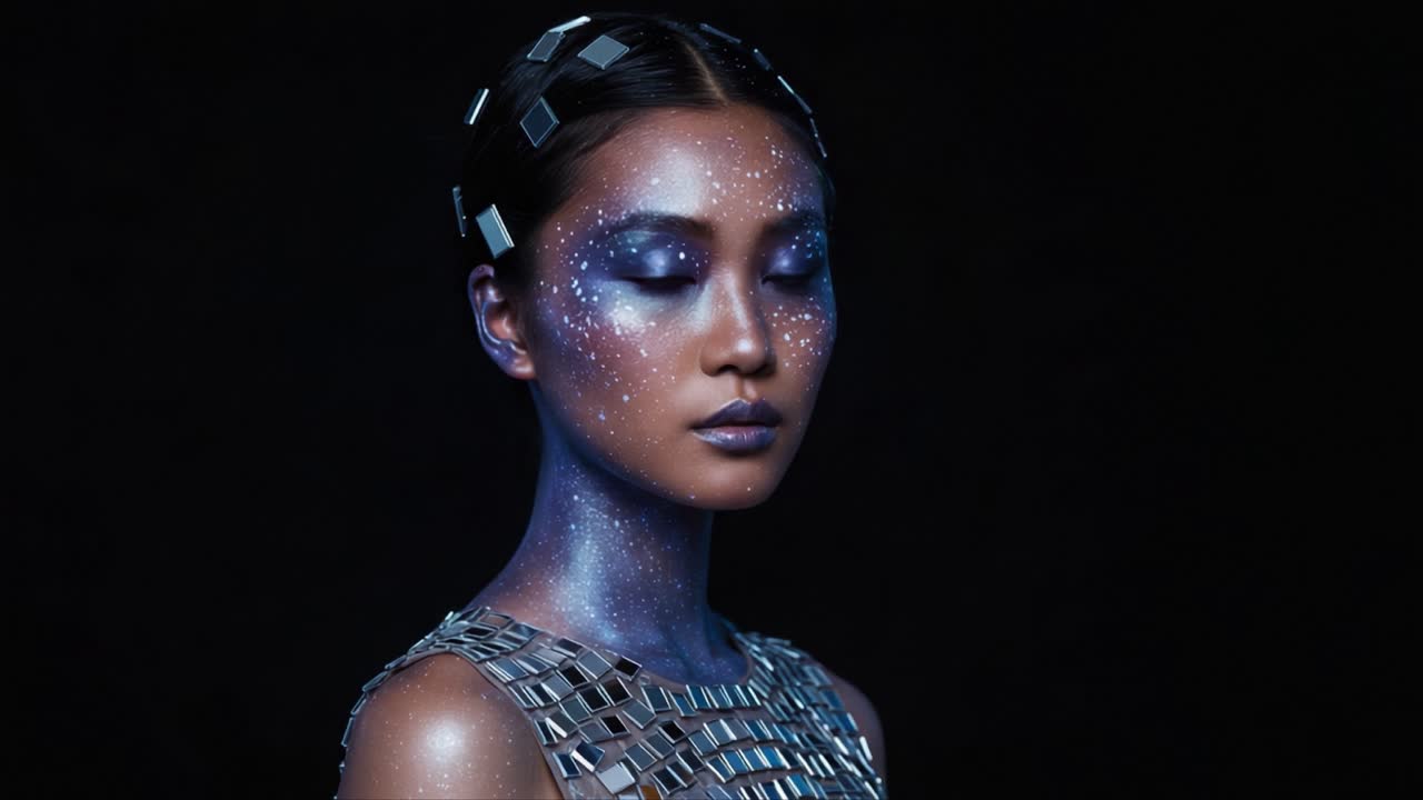 Un ritratto di bellezza cosmica con un trucco metallico sorprendente e accenti stellati, che mostra un'estetica unica con un'atmosfera misteriosa e ultraterrena su uno sfondo scuro.