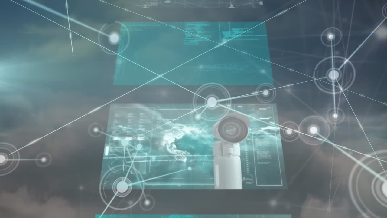 animación del procesamiento de datos en pantallas y red de conexiones