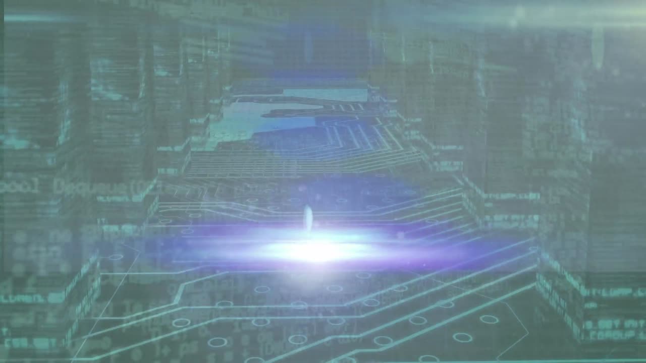 라이트 트레일과 컴퓨터 회로판의 애니메이션과 서버  ⁇ 에서 데이터 처리