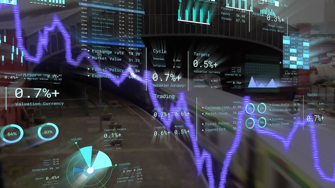 Animation of financial data processing over cityscape