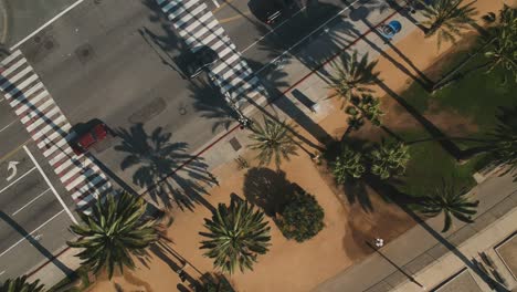 Afternoon-drone-view-from-a-pedestrian-park-and-moving-across-the-Ocean-Ave-public-road,-Santa-Monica-Beach,-California