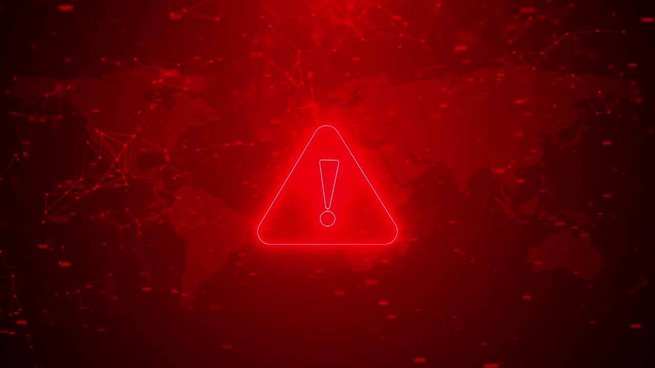 Red cyber warning alert background glowing hazard world map network nodes data numbers security