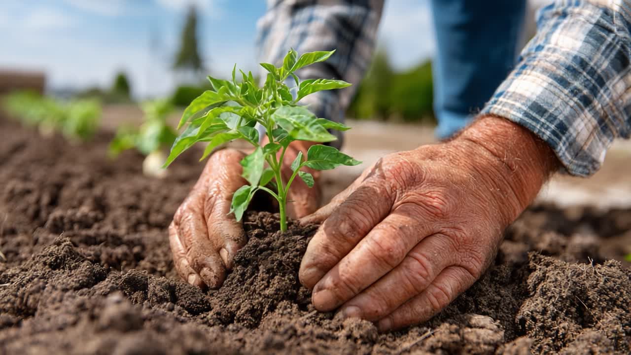 A Dedicated Gardener Cultivating a Tomato Seedling in Rich Soil Under a Bright Sky, Showcasing the Beauty of Nature and the Passion for Gardening