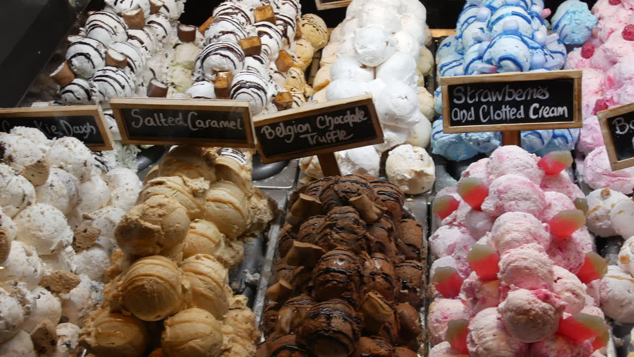 Ice cream counter showcase with different varieties of icecream close up