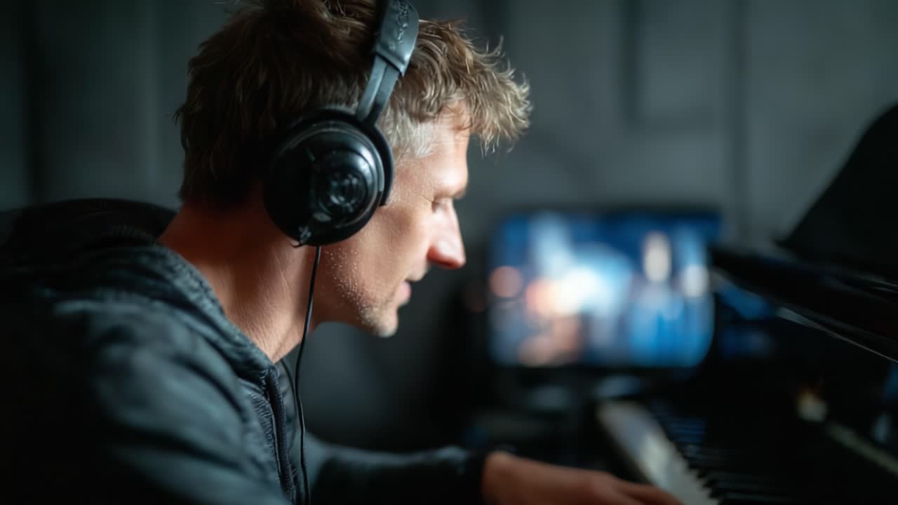 A musician immersed in creativity while playing the piano, capturing the essence of music and inspiration with headphones on in a dimly lit studio environment