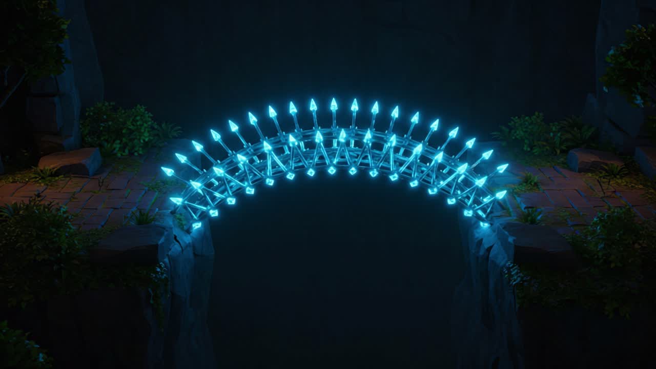 Illuminated Bridge Connecting Two Sides with a Unique Structure, Showcasing Futuristic Design and Glowing Elements in a Fantasy Environment