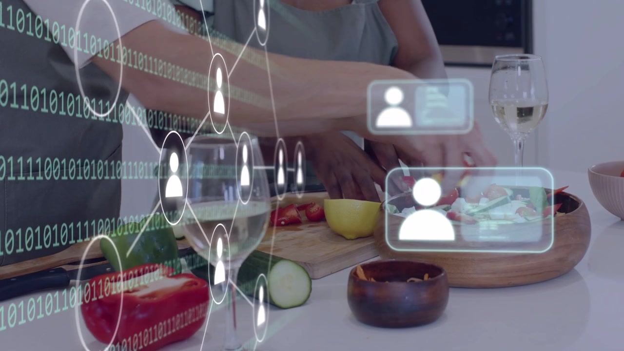 Two women chopping salad, one reaching knife while network overlay linking profiles sharing recipe