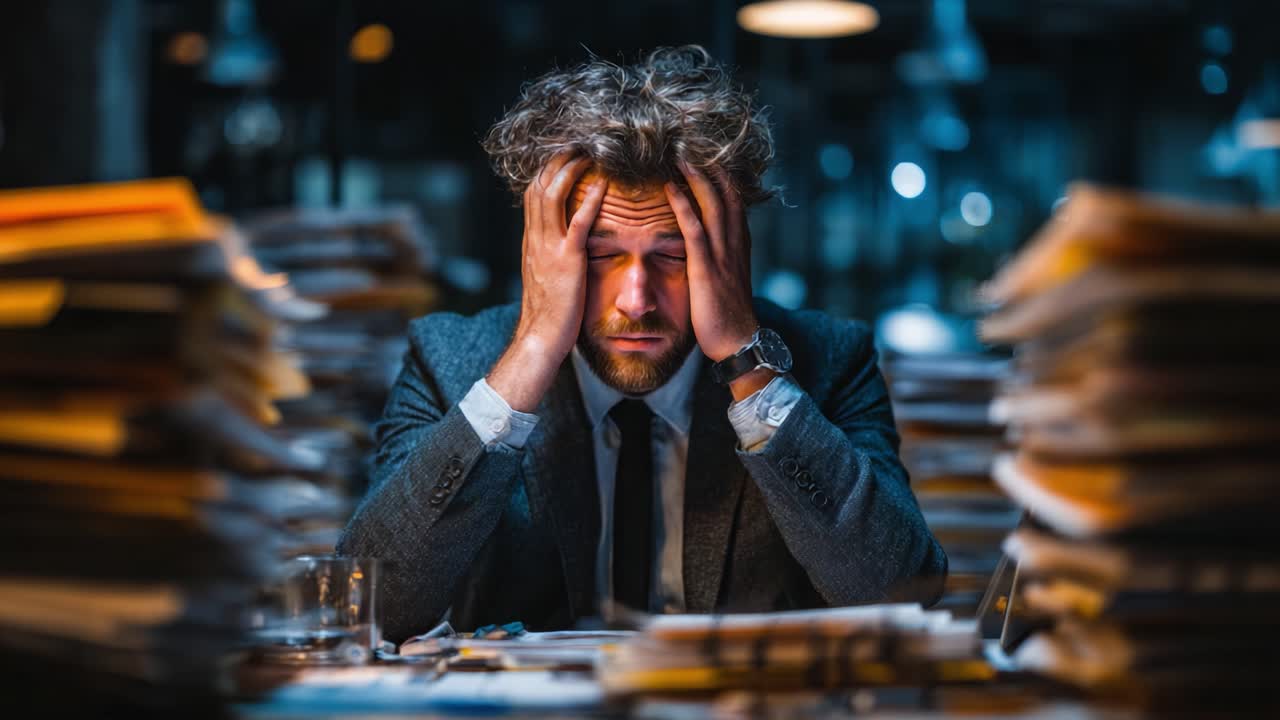 A stressed businessman overwhelmed by paperwork in a dimly lit office, struggling to manage an excessive workload as he faces the challenges of corporate life