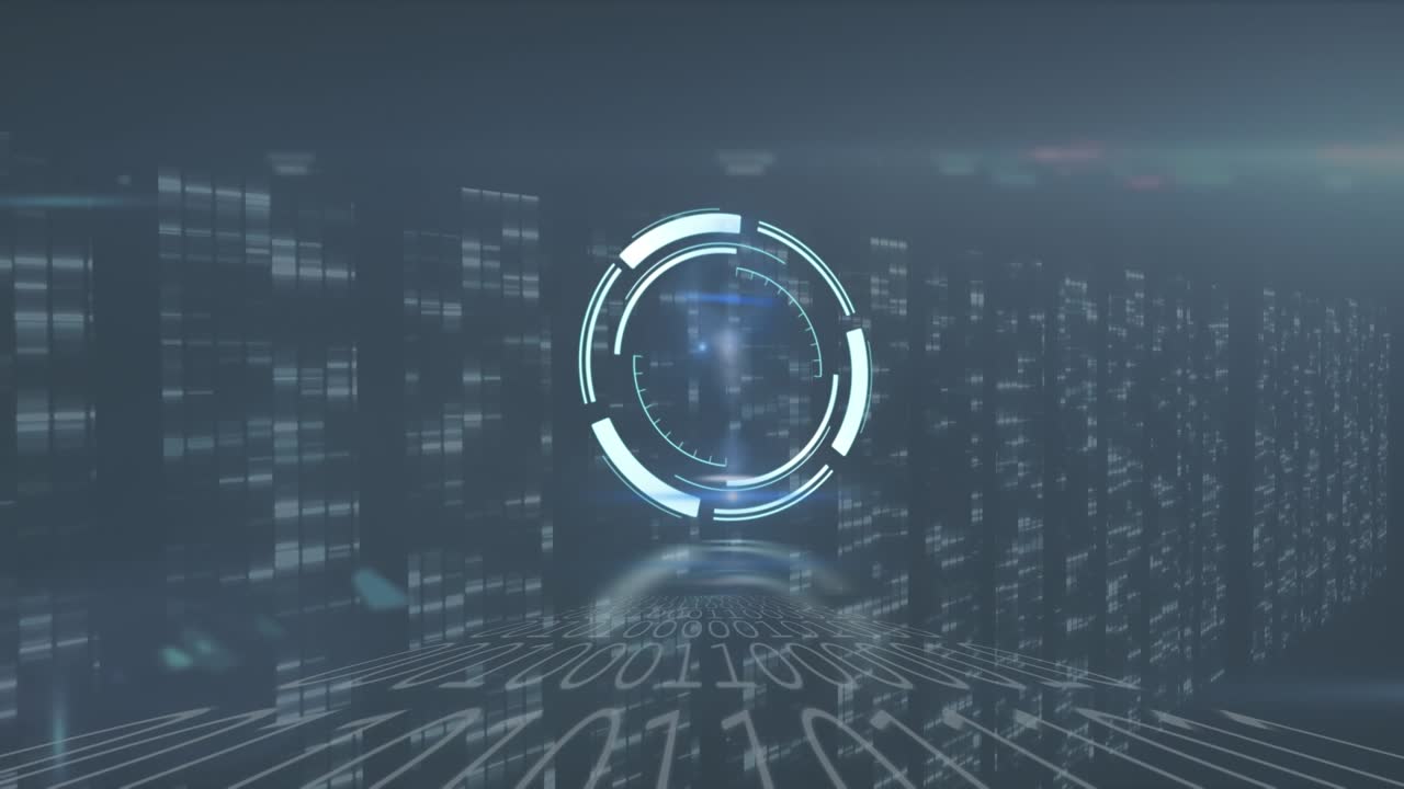 Animazione di uno scanner che esegue la scansione su elaborazione dati e colonne in movimento su sfondo nero