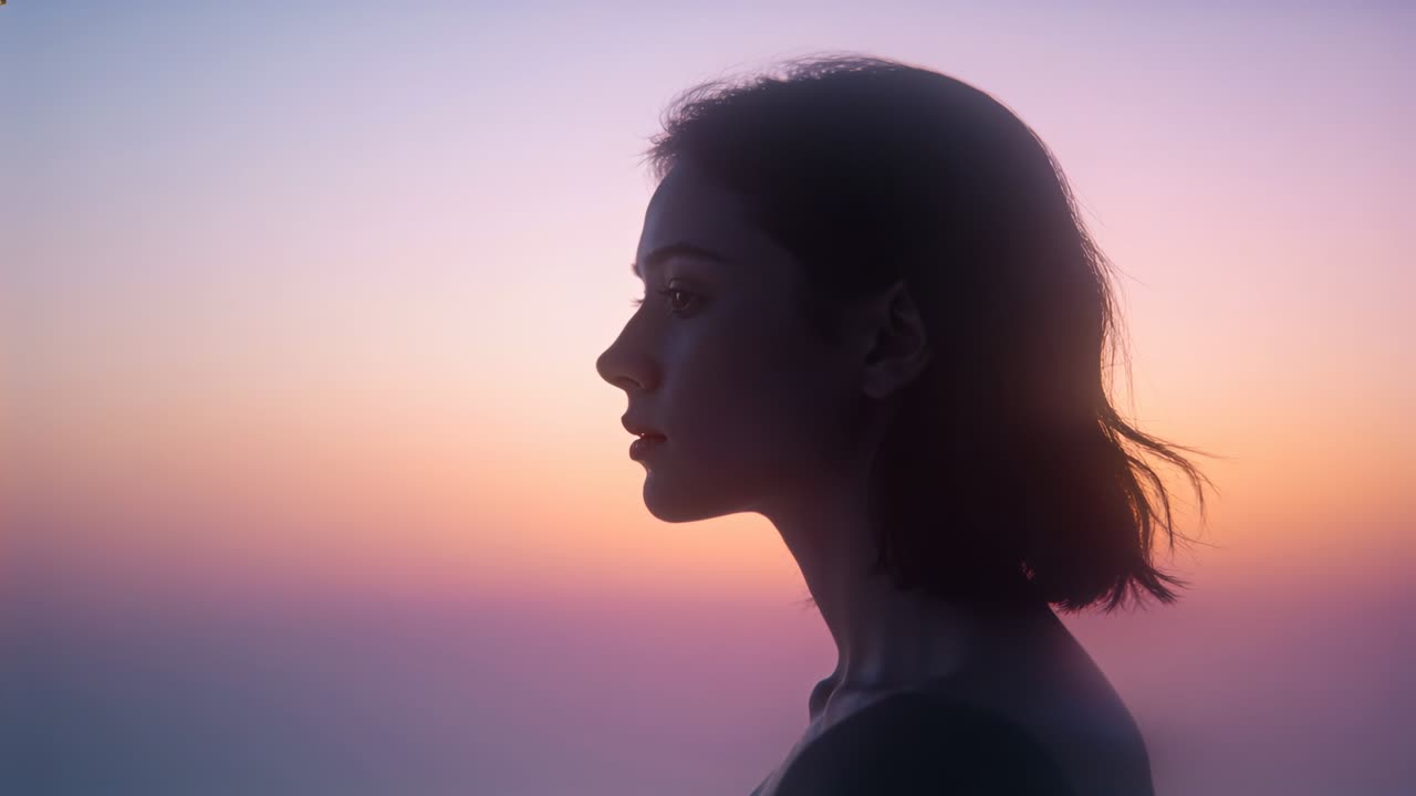 Lente enfocando a la mujer en un perfil izquierdo más claro en el horizonte, revelando una blusa oscura y un pendiente.