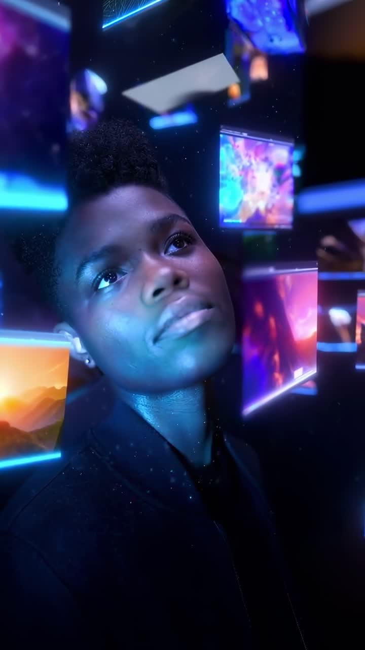 Futuristisk videokonsept med et lavvinkelskudd av en person omgitt av flytende skjermer