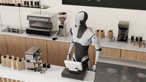 robot prototipo humanoide trabajando en un café-bar haciendo desayuno, inteligencia artificial asumiendo el concepto tarea de trabajo repetitiva animación de renderización 3d