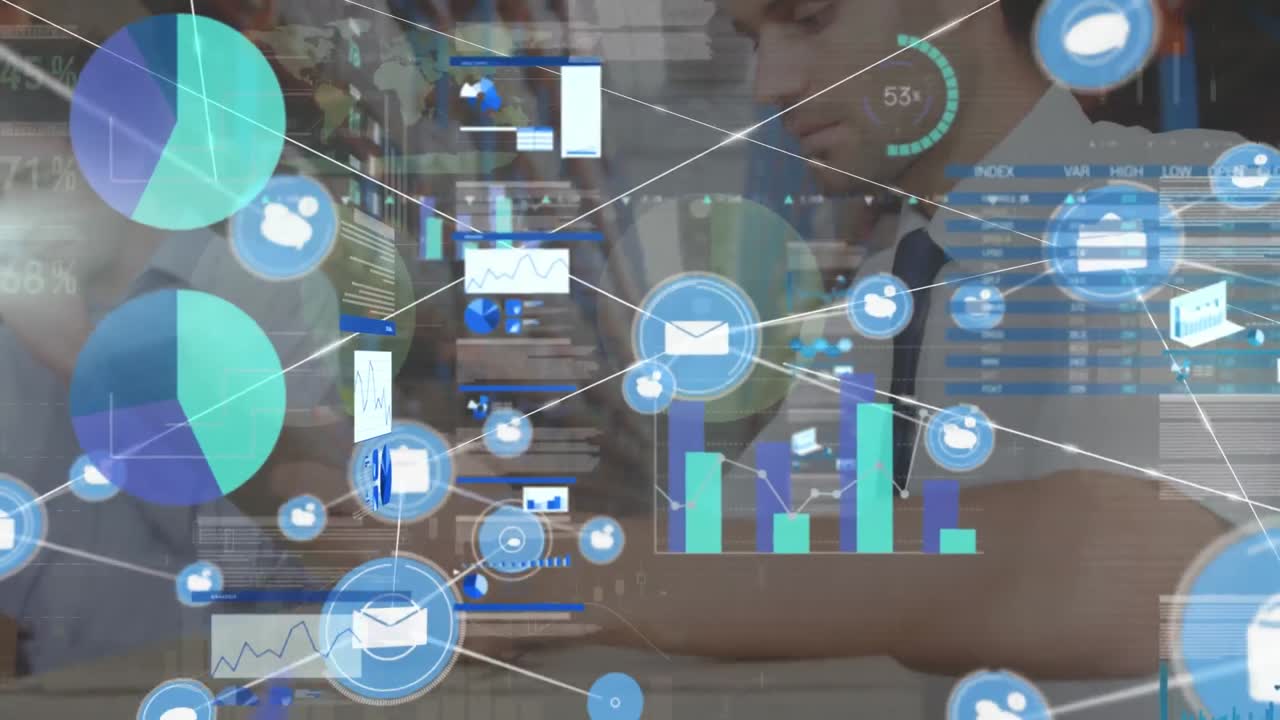 창고에서 일하는 사람 위의 아이콘과 연결 네트워크의 애니메이션