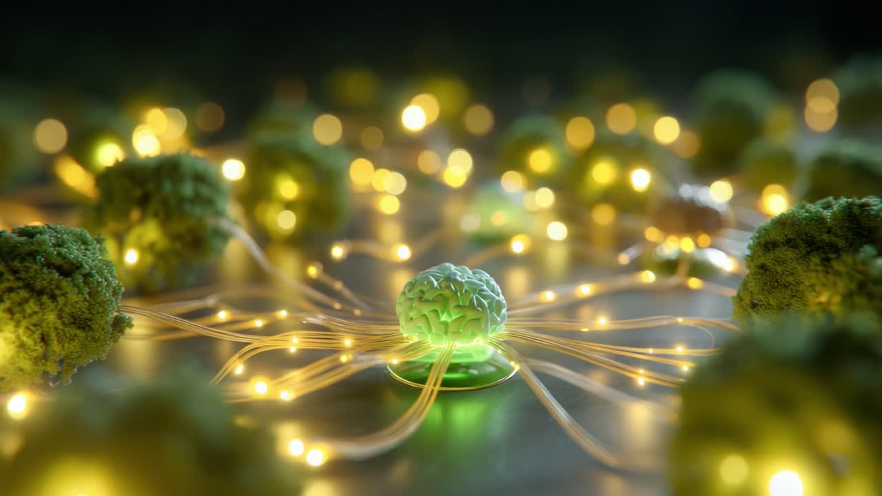 A mesmerizing visual representation of interconnected neural networks illuminated by ambient glows, blending organic elements with futuristic technology to symbolize innovation