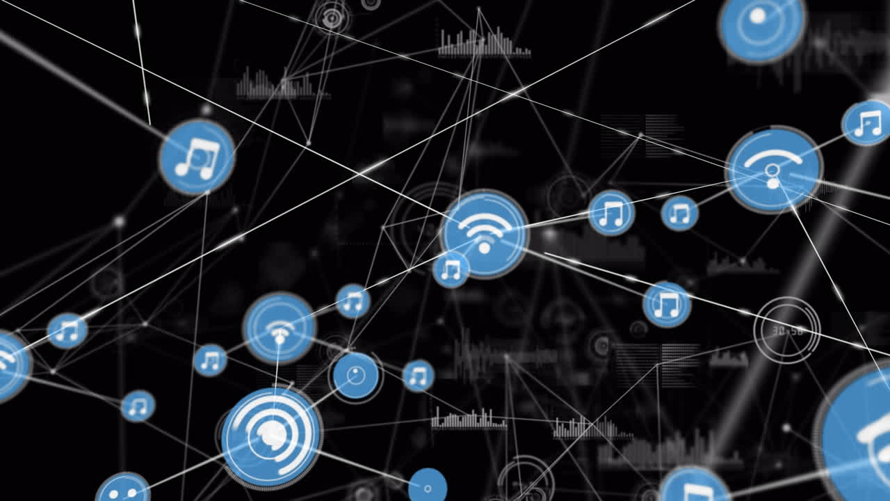 animación de la red de conexiones con iconos sobre fondo negro