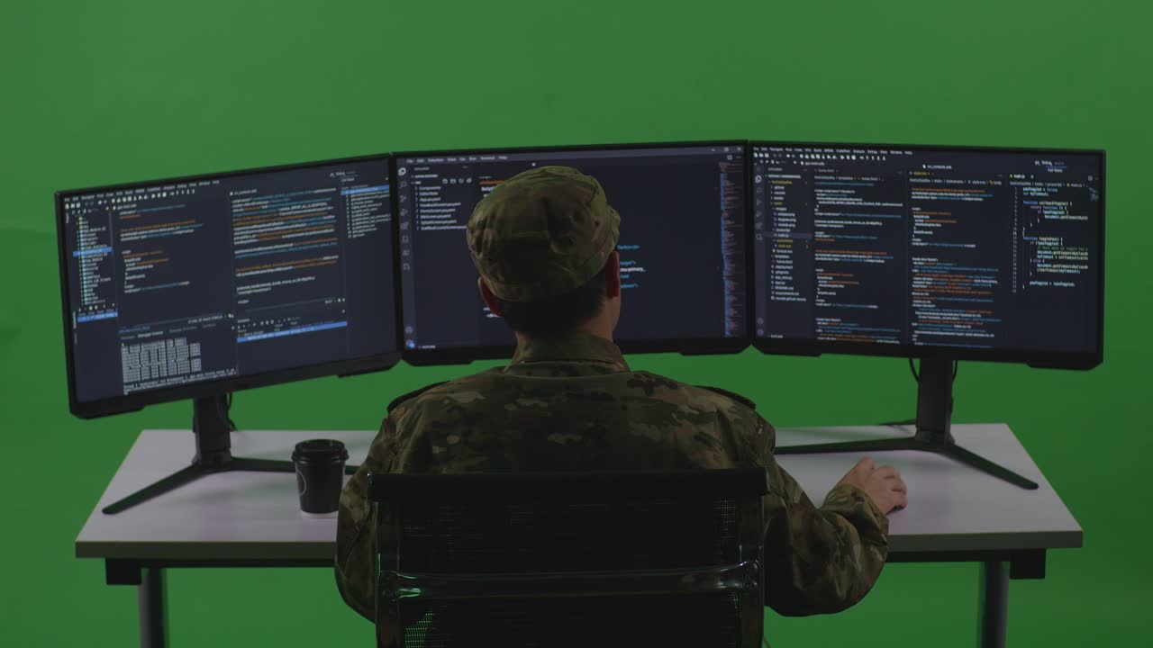 Back View Of Asian Man Soldier Developer Having Headache While Write Code With Multiple Computer Screens In Green Screen Studio
