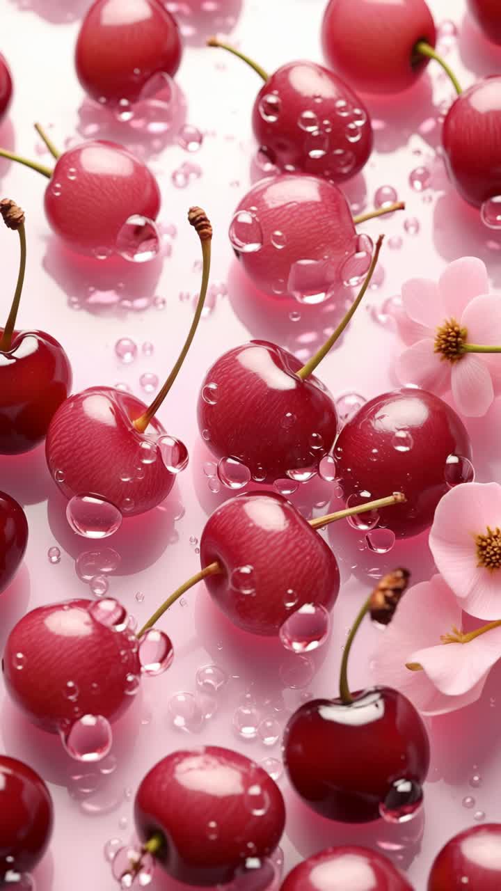 Close-up, tampilan atas dari atas buah ceri segar dengan tetesan air di permukaan berwarna merah muda, menciptakan suasana yang cerah