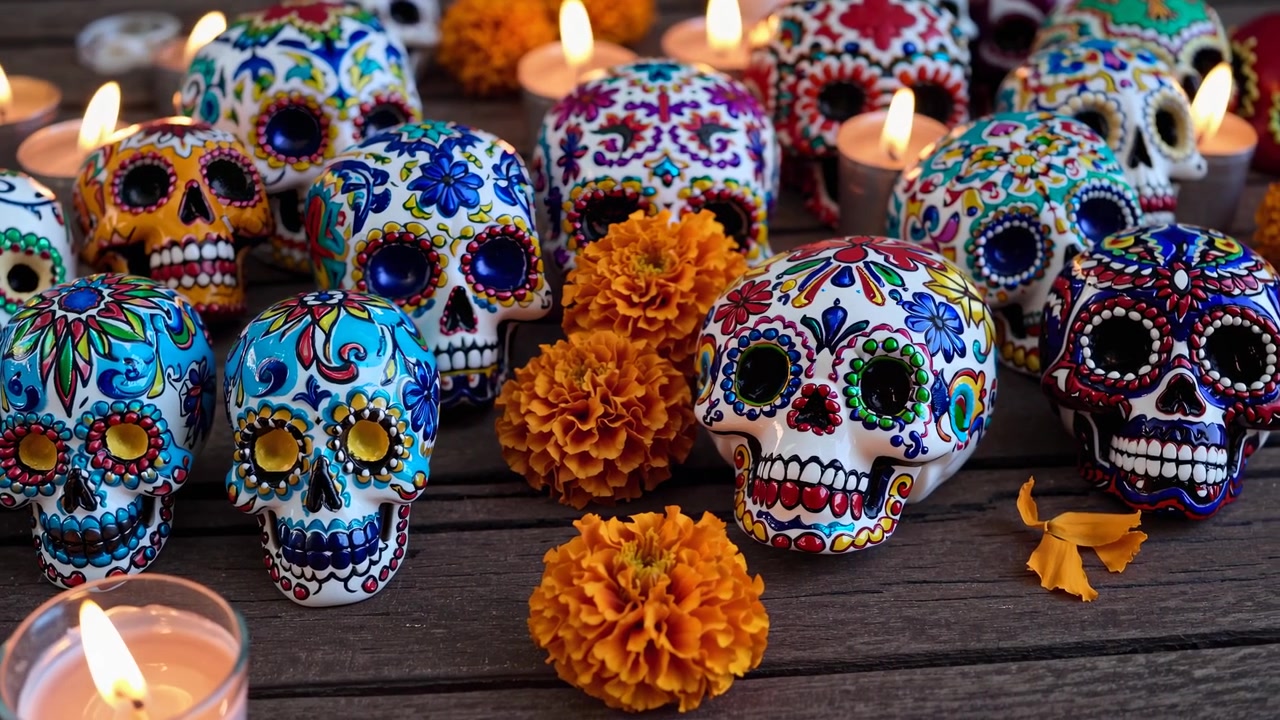 Calaveras de azúcar coloridas y flores de cempasúchil para el Día de Muertos