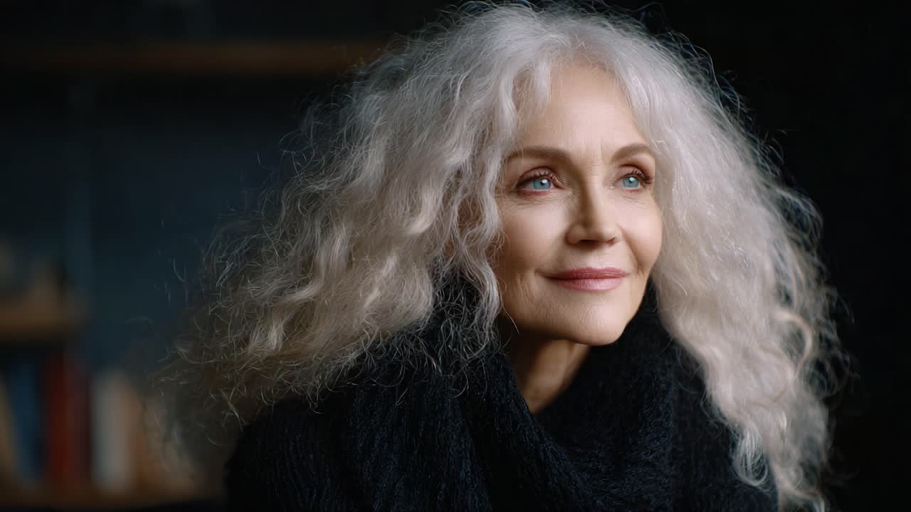 Captivating Portrait of a Mature Woman with Elegant Curly Silver Hair and Soft Expression, Highlighting Natural Beauty and Poise in a Subtle Setting