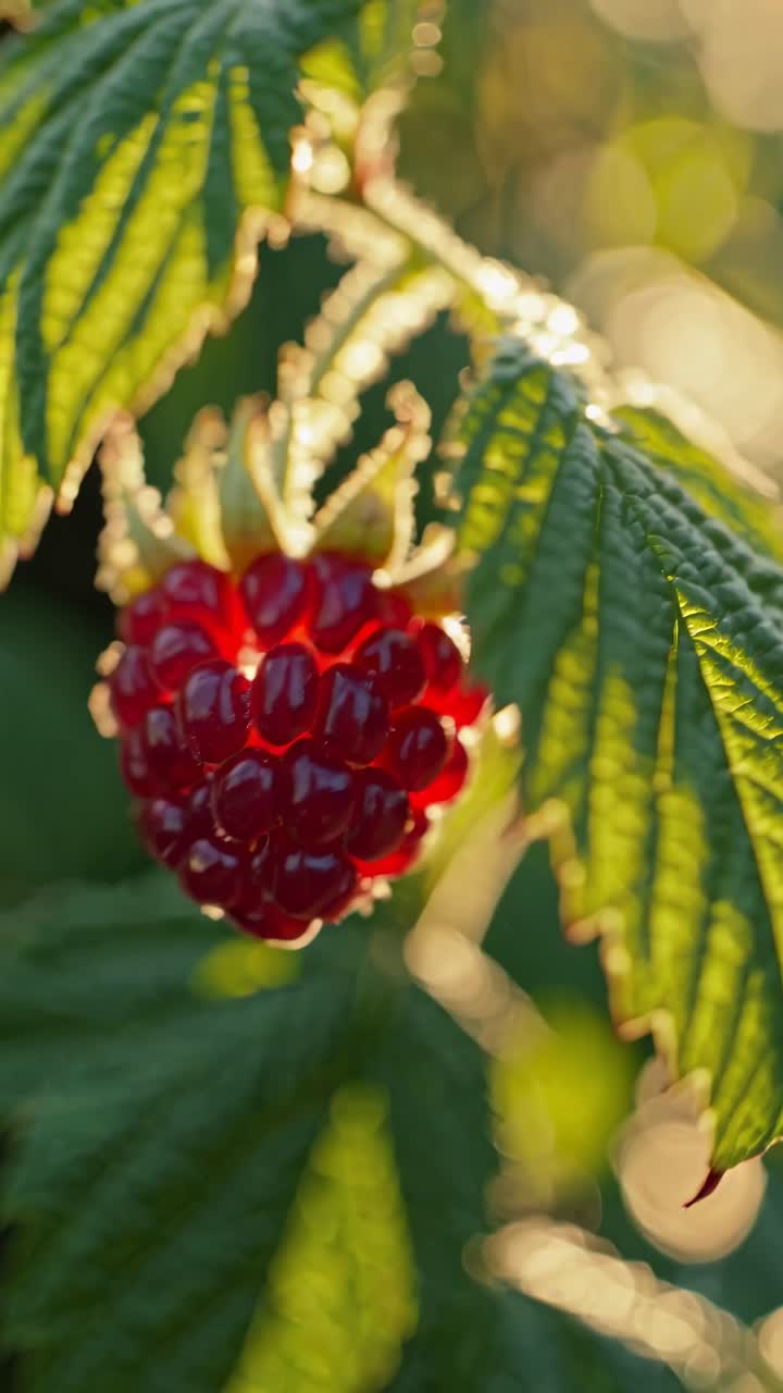 Close-up of a ripe raspberry with sunlight filtering through leaves, creating a vibrant, natural